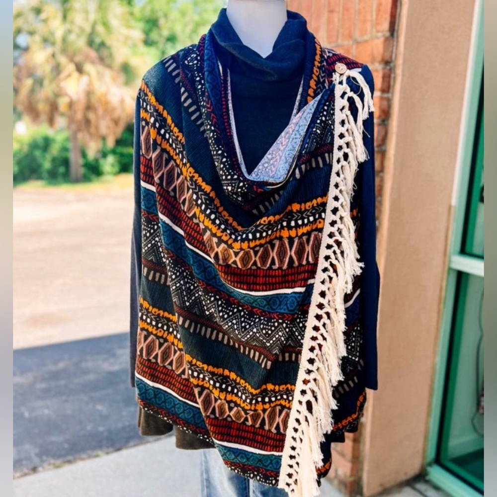 🛍️3/$10!! BRAND NEW! Navy Tribal Tassel Fringe Button Cardigan Sweater. Size LG